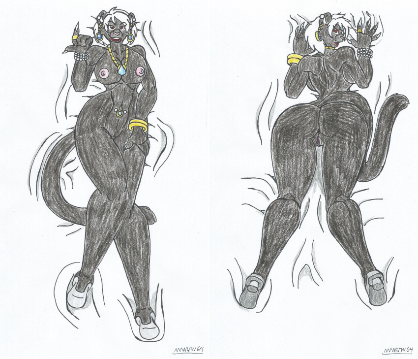 anthro big_ass big_breasts big_hips black_fur bracelet bracelets calling dakimakura dakimakura_design dat_ass earrings furry gold_jewelry hand_on_leg high_heels jessy_noir_(waifuland) looking_at_viewer looking_back looking_pleasured lying_on_back lying_on_bed marlon64 naked_female naked_heels naked_jewelry naked_with_shoes_on navel_piercing necklace open_mouth red_eyes red_lipstick ring showing_ass smiling_at_viewer solo_female traditional_drawing_(artwork) waifuland white_bed white_hair