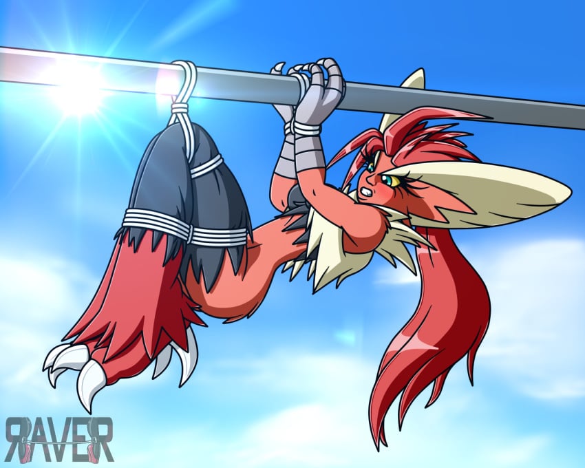 angry angry_expression angry_face anthro blaziken bondage female legs_bound mega_blaziken pokemon pokemon_(species) raver1357 rope rope_bondage sky solo wrists_bound wrists_tied