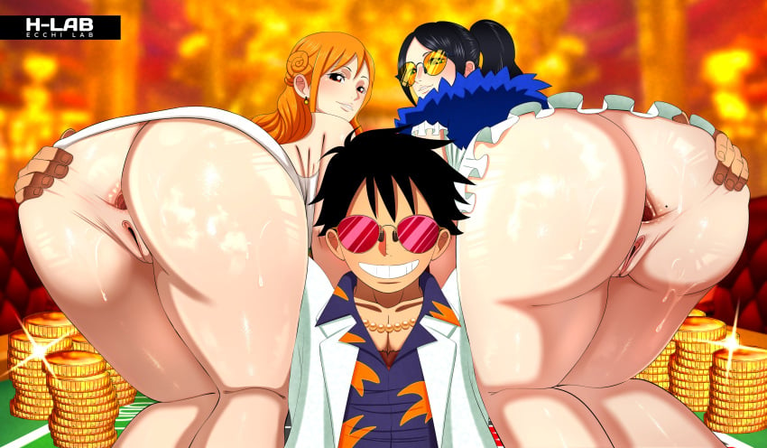 anus big_ass dress female ffm_threesome h-lab imminent_sex male monkey_d_luffy nami nico_robin one_piece one_piece_film_gold post-timeskip presenting presenting_hindquarters pussy spread_legs spreading threesome uncensored