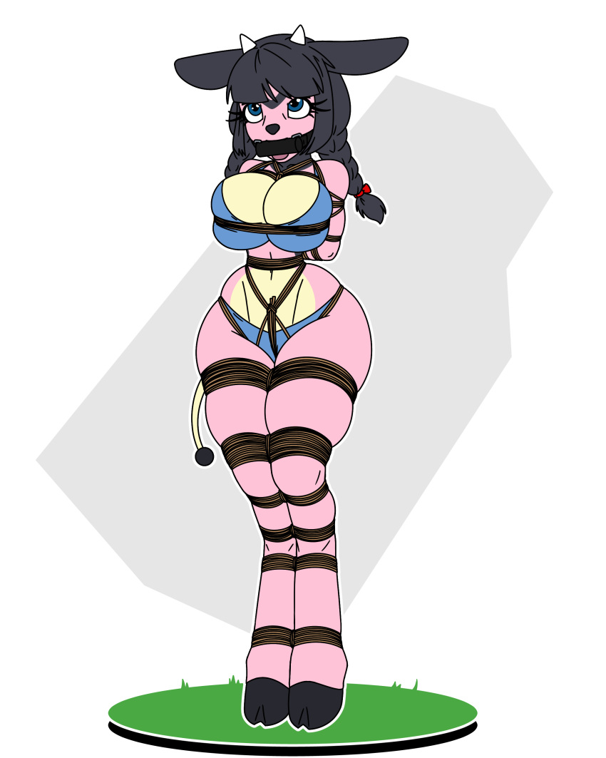 anthro anthro_only arms_behind_back arms_tied arms_tied_behind_back bit_gag black_hair bondage bra crotch_rope female gag gagged hooves horns large_breasts miltank panties pokémon_(species) pokemon raver1357 rope_bondage rope_harness solo twin_braids underwear