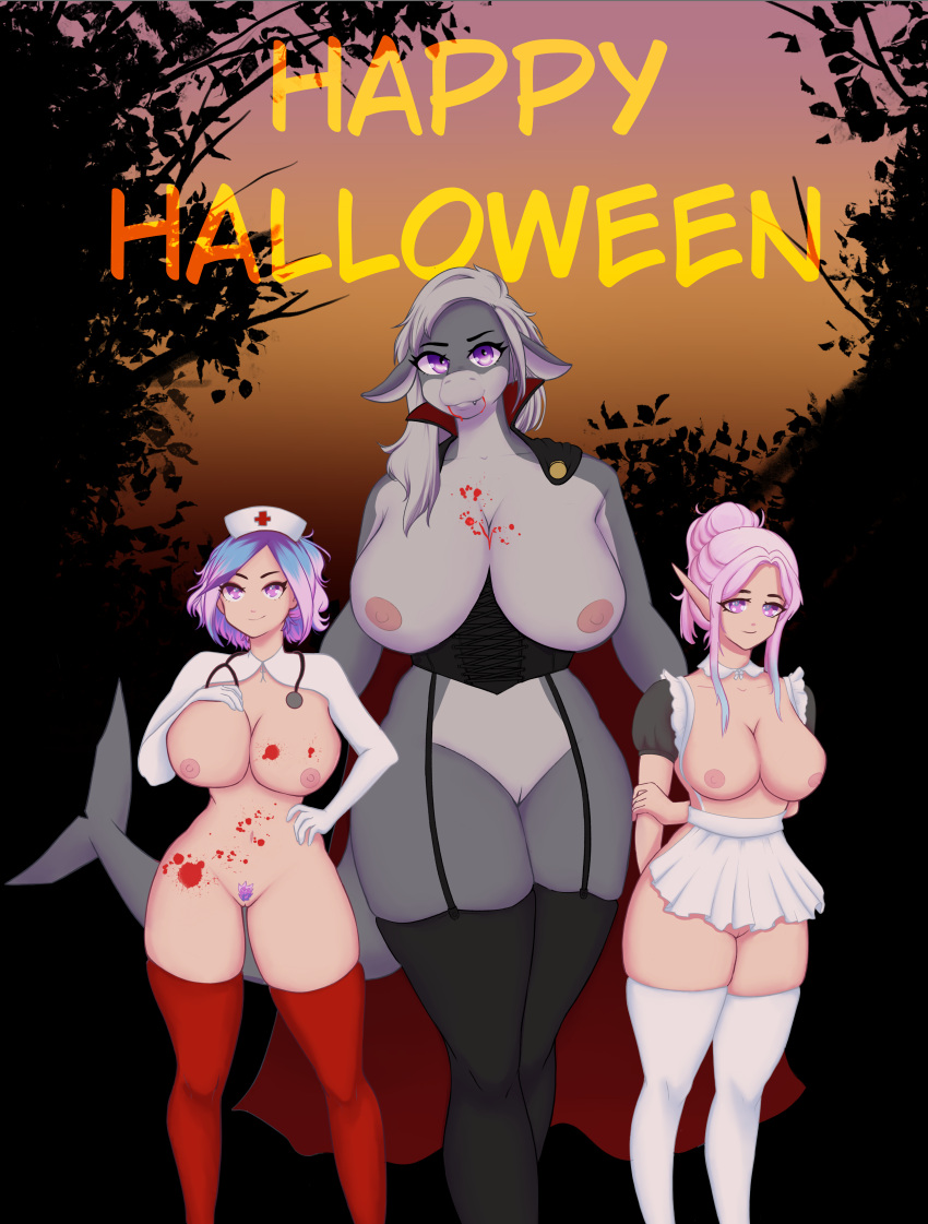 3girls anthro blood elf falara_amastracia halloween halloween_costume human maid_outfit multiple_girls nurse_cap pubic_hair purple_hair reeli revy_(ultimaxeno) rikka_(ultimaxeno) shark shark_girl vampire_costume