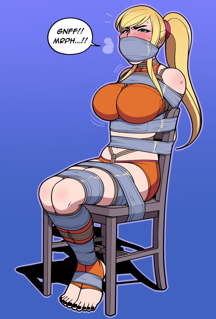 barefoot big_breasts blonde_female bondage bound bound_and_gagged crotch_rope female female_only femsub fully_clothed gag gagged jam-orbital metroid nintendo ponytail rope rope_between_breasts rope_harness samus_aran shibari_over_clothes tape tape_bondage tape_gag taped_mouth tied_to_chair