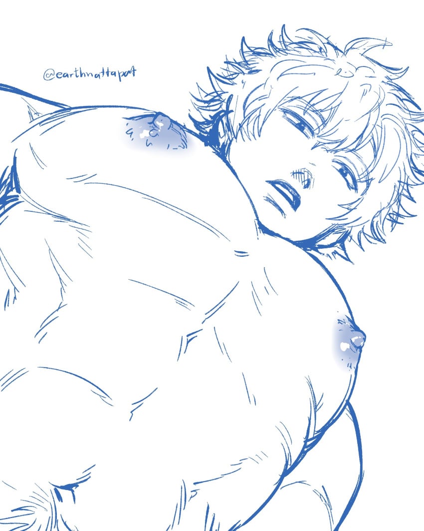 alternate_version_available big_pecs blue_theme earthnattapat gintama gintoki_sakata looking_at_viewer looking_down low-angle_view male male_only meme monochrome muscular muscular_male pecs solo topless topless_male upper_body yur_oc_like_this_(meme)