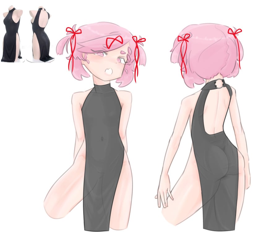 1female 1girls 5_fingers ass back back_view bare_arms behind_view black_dress butt clothes clothing clothing_cutout doki_doki_literature_club dress emiillb female flat_chest front_and_back front_view girl hair_ribbon legs modakawa_dress natsuki_(doki_doki_literature_club) navel no_panties no_underwear partially_see-through petite petite_body pink_eyes pink_hair red_ribbon reference_image revealing_clothes see-through see-through_clothing sleeveless tagme thighs white_background