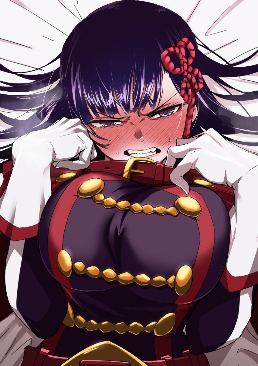 absurdres anti-demon_corps_uniform bed_sheet blush breasts clenched_teeth collar collar_tug fangs female from_above full-face_blush gloves hair_ornament highres huge_breasts jacket long_hair long_sleeves looking_at_viewer lying mato_seihei_no_slave on_back purple_eyes purple_hair purple_jacket teeth upper_body v-shaped_eyebrows white_gloves yamada_otonari yamashiro_ren