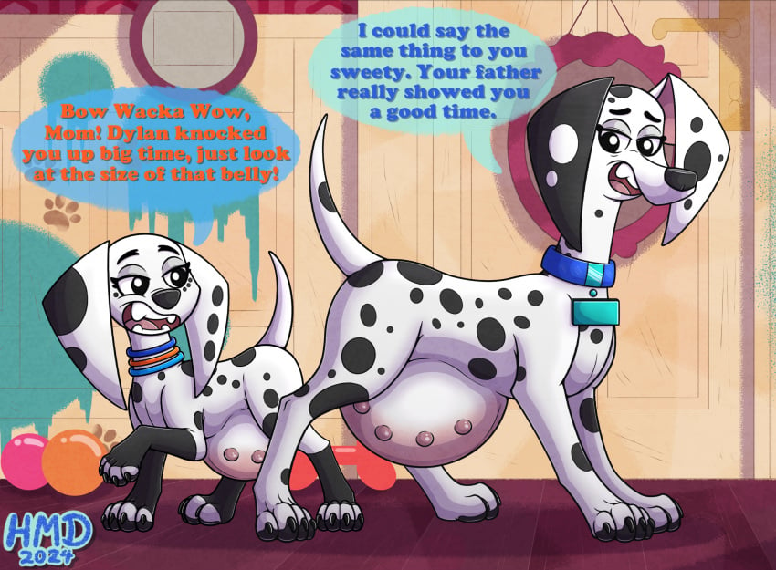 101 101_dalmatian_street 101_dalmatians big_belly black_spots canid canine canine_genitalia canis collar dalmatian daughter delilah_(101_dalmatians) dialogue disney dolly_(101_dalmatians) domestic_dog duo female female/female female_focus feral genitals hmdkoba long_ears looking_at_each_other looking_over_shoulder mammal mature milf mother multi_nipple nails nipples pawpads paws pink_nipples pregnant pregnant_belly pregnant_female pregnant_feral pussy raised_tail spots spotted spotted_body spotted_fur tail white_body white_fur white_hair