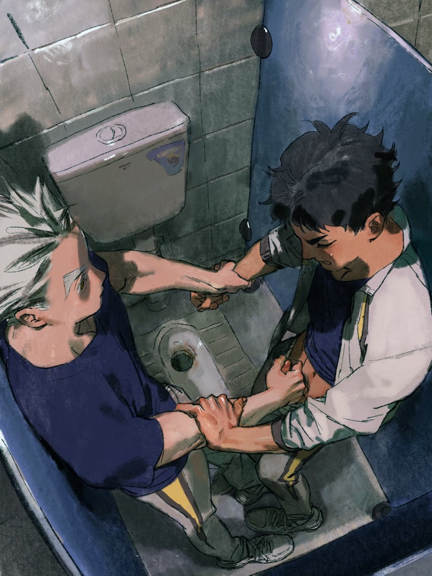 2boys akaashi_keiji black_hair blue_shirt bokuto_koutarou brown_eyes chengongzi123 clenched_teeth closed_eyes closed_mouth collared_jacket commentary full_body grey_hair grey_jacket grey_pants haikyuu!! hand_grab handjob hands_up high-angle_view highres indoors jacket looking_at_another male male_focus male_only multicolored_hair multiple_boys pants restroom shirt shoes short_hair sneakers squat_toilet standing streaked_hair symbol-only_commentary t-shirt teeth toilet_stall twink yaoi young