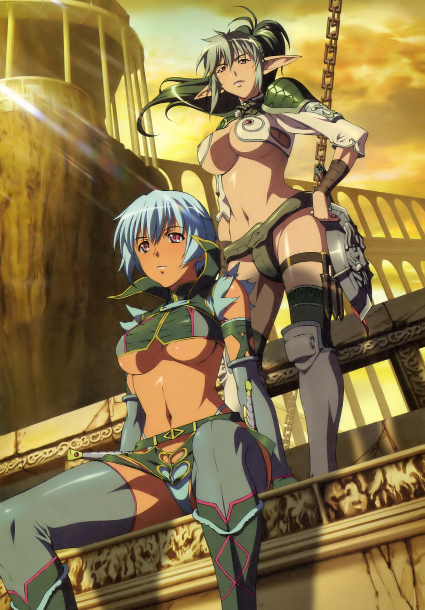 accurate_art_style armor bikini_armor blue_hair boots breasts chains cleavage dark-skinned_female dark_skin echidna_(queen's_blade) elf elf_ears elf_female evening female female_only green_hair high_resolution irma_(queen's_blade) large_breasts legs long_hair mature_female multiple_girls no_bra official_art panties pink_eyes pointy_ears queen's_blade red_eyes rinshin short_hair snake thighhighs thighs underboob underwear