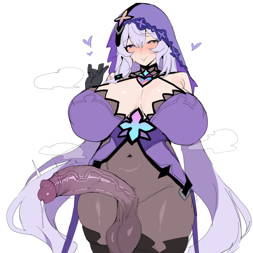 1girl absurdres black_gloves black_swan_(honkai:_star_rail) bodystocking breasts closed_mouth commentary cowboy_shot erection futanari gloves heart highres honkai:_star_rail honkai_(series) huge_breasts long_hair penis precum purple_hair purple_veil simple_background smile solo testicles uncensored veil veins veiny_penis very_long_hair white_background xipa