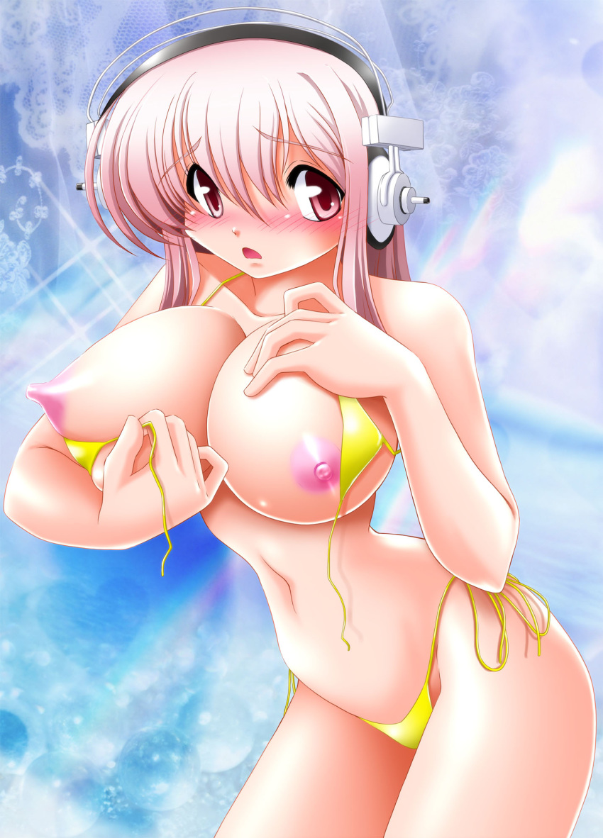 1girls bikini blush breasts erect_nipples female headphones highres large_breasts nipples nitroplus open_mouth pink_hair red_eyes solo super_sonico usso wardrobe_malfunction