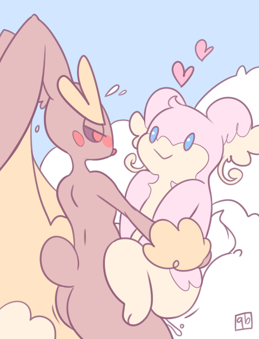 ambiguous_gender ass audino blue_eyes blush cubeychou duo fur heart inner_ear_fluff lagomorph lopunny mammal nintendo pokemon pokemon_(species) rabbit red_eyes sex smile sweat video_games