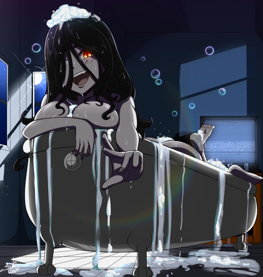 1girls 2020 aonoexorcist100 bath bathtub big_breasts black_hair breasts bubbles female female_only ghost ghost_girl long_hair looking_at_viewer nude nude_female smile smiling solo television the_ring tub water yamamura_sadako