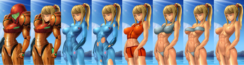 1girls abs armor bikini blonde_hair blue_eyes bodysuit breasts casual_outfit_(metroid) ecchi-mia female female_only human large_breasts metroid nintendo nipples nude ponytail power_suit samus_aran shorts solo standing tied_hair torn_clothes varia_suit zero_suit zero_suit_samus