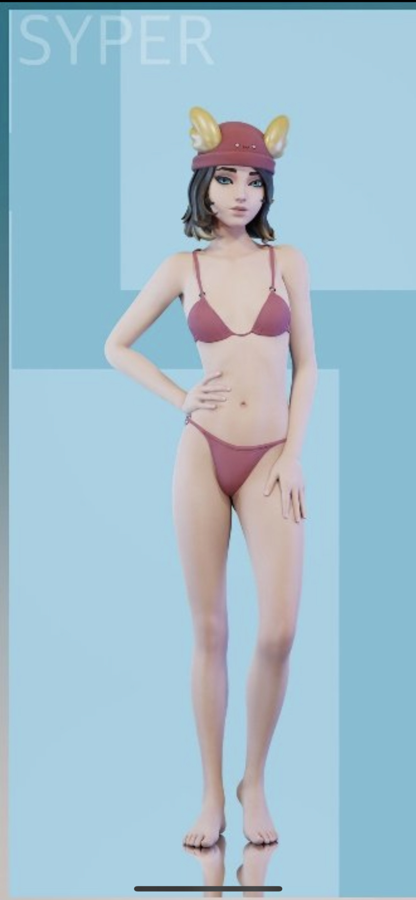 1girls bikini brown_hair female hat headwear human long_legs low_res lowres skye_(fortnite) slender_legs solo swimsuit syperporn thighs