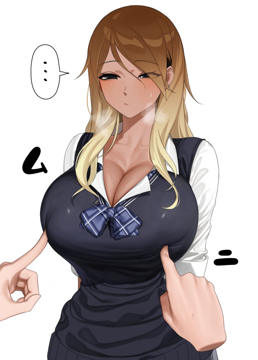 ... 1girls 1other blue_bow blue_bowtie blue_vest bow bowtie breast_poke breasts breath brown_hair cleavage collarbone dark-skinned_female dark_skin disembodied_hand female gradient_hair highres idolmaster idolmaster_shiny_colors izumi_mei large_breasts light_brown_hair looking_at_another meme multicolored_hair narrow_waist nipple_guessing_game_(meme) open_collar plaid_bow plaid_bowtie plaid_clothes poking pov pov_hands school_uniform senju_(snz0) shirt simple_background spoken_ellipsis sweat upper_body vest white_background white_shirt