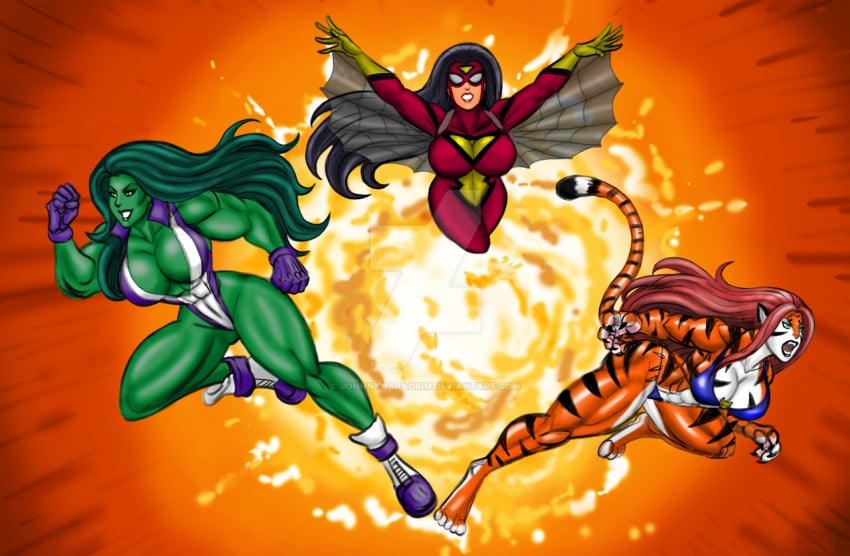 3girls black_hair brown_hair green_hair green_skin greer_nelson jennifer_walters jessica_drew johnnyharadrim marvel marvel_comics muscular muscular_female mutate_(marvel) she-hulk spider-woman superhero_costume superheroine tiger tiger_girl tigra