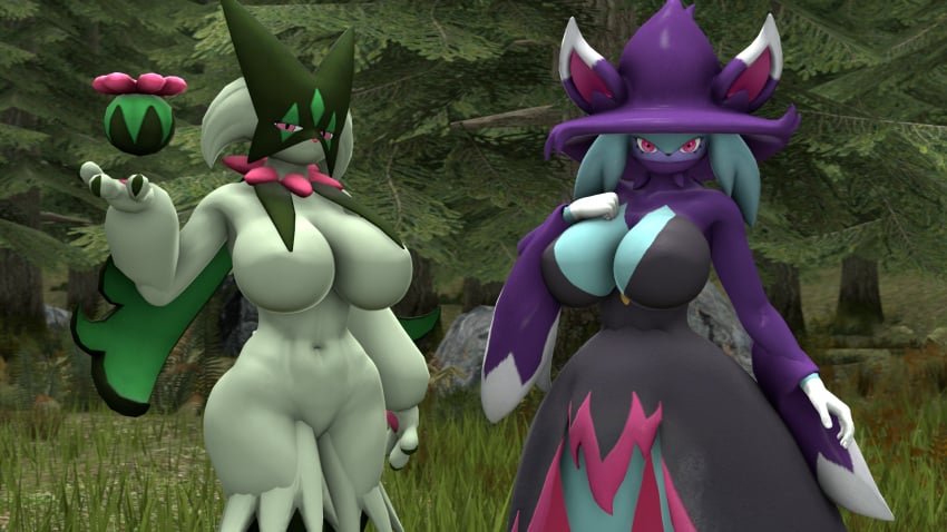 16:9 2024 3d_(artwork) anthro baek-myo barely_visible_genitalia barely_visible_pussy big_breasts black_body black_nose black_skin blue_body blue_skin breasts digital_media_(artwork) duo featureless_breasts female floating_object generation_9_pokemon genitals grass green_body green_skin hand_on_breast hi_res katress looking_at_viewer meowscarada nintendo nude pal_(species) palworld pink_eyes pink_nose plant pocketpair pokemon pokemon_(species) pokemorph pose purple_body purple_skin pussy red_eyes source_filmmaker_(artwork) standing tree widescreen