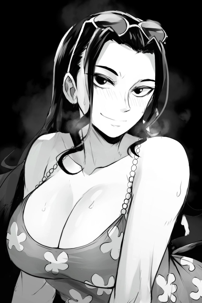 1girls bare_shoulders big_breasts black_hair blush breasts breath camisole cleavage collarbone eyewear_on_head female female_only floral_print funi_xd greyscale highres large_breasts long_hair looking_at_viewer monochrome nico_robin official_alternate_costume one_piece post-timeskip punk_hazard smile steam sunglasses sunglasses_on_head sweat