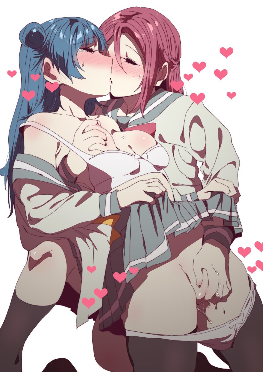 2girls absurdres blue_hair blush breasts closed_eyes ecoman fingering grabbing_another's_breast groping heart highres kissing love_live! love_live!_sunshine!! multiple_girls red_hair sakurauchi_riko skirt tsushima_yoshiko yuri