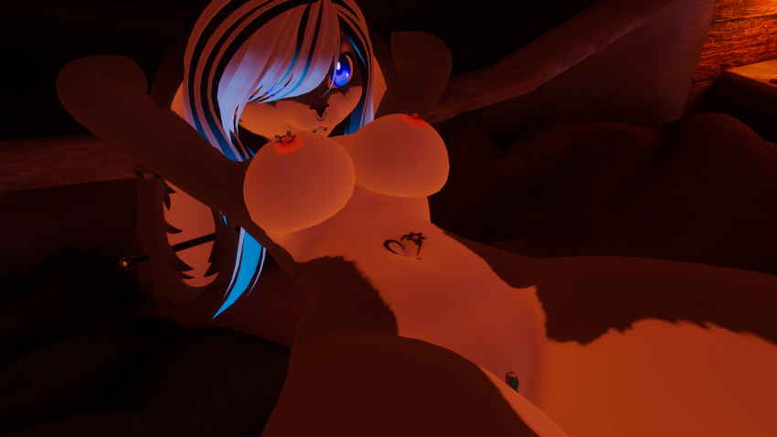 anthro big_breasts blue_eyes ear_piercing female furry furry_female heart_tattoo nipple_piercing nose_ring pussy rabbit_girl snakebite_piercing vrchat_avatar vrchat_model