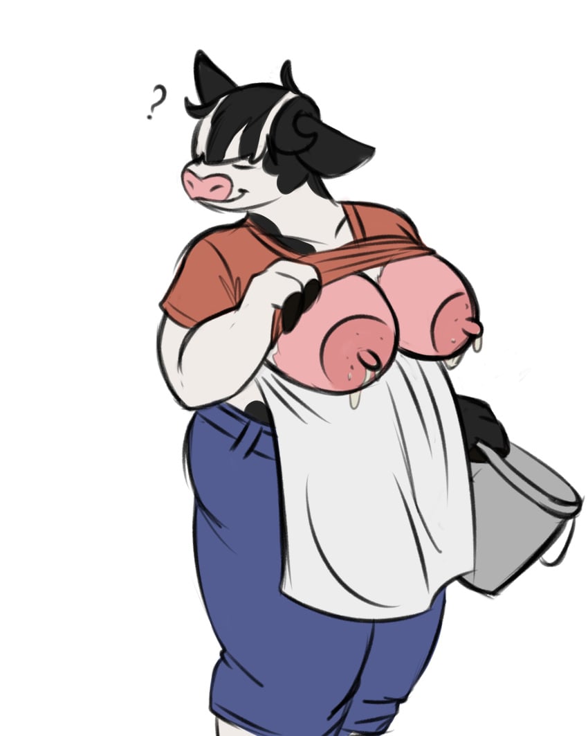 1girls ? apron big_breasts breasts bucket cow_girl eyes_covered female furry lactation lactation ravenpen15 shirt_lift