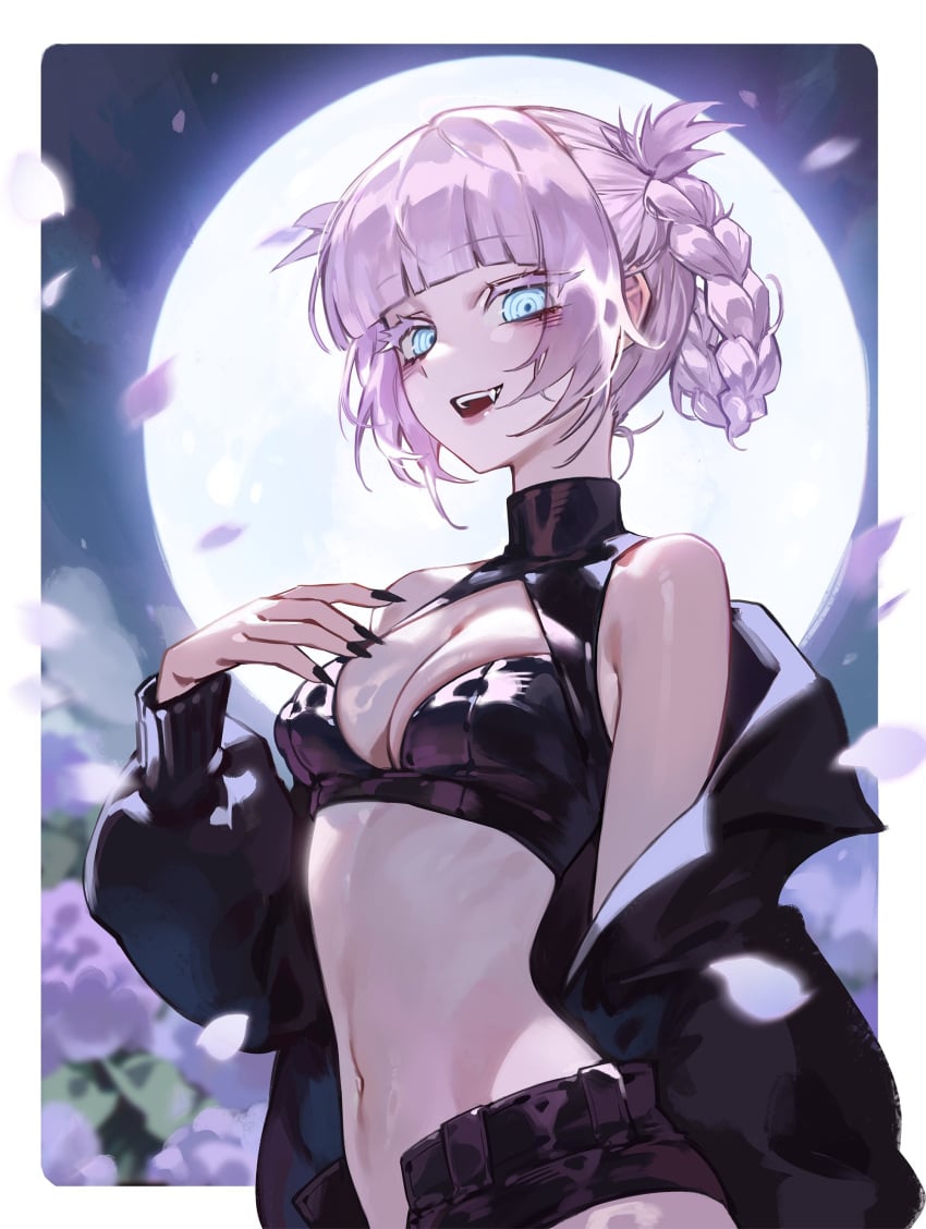 black_nails blue_eyes call_of_the_night cherry_blossoms colorful_background fangs fangs_out foolish_potato light-skinned_female light_skin midriff moonlight nanakusa_nazuna short_hair shorts small_breasts solo solo_female sweater white_hair