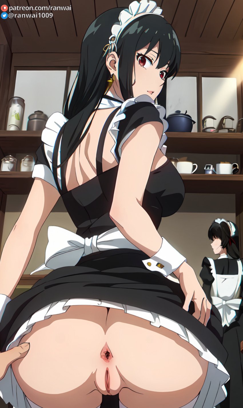 1boy 2girls ai_generated anus apron ass ass_focus ass_grab back backless_outfit bangs black_dress black_hair blush breasts clothes_lift clothes_pull clothing dress earrings english_language enmaided female female frilled_apron frills from_behind hairband headdress headwear huge_ass indoors jewelry large_ass large_breasts legwear light-skinned_female long_hair looking_at_viewer looking_back maid maid_apron maid_headdress multiple_girls nopan open_mouth presenting ranwai red_eyes skirt skirt_lift skirt_pull solo_focus spy_x_family stable_diffusion straight text thighhighs thighs tied_hair uniform vagina white_apron white_thighhighs wrist_cuffs yor_briar yor_forger