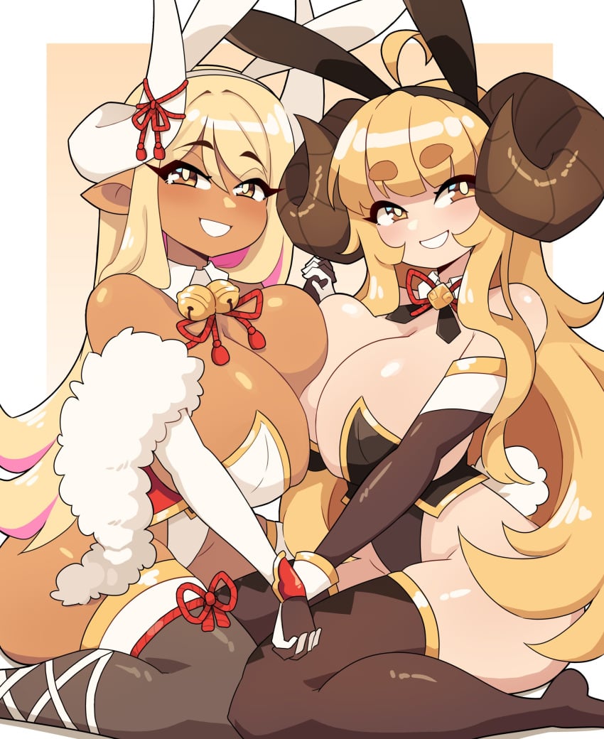 2girls amber_eyes anila_(granblue_fantasy) big_breasts blonde_hair breasts_to_breasts bunny_ears bunnysuit commission curved_horns dark-skinned_female dark_skin detached_collar draph draph_race_(granblue_fantasy) eyebrows_visible_through_hair female female_only granblue_fantasy hand_holding hi_res horns j5daigada kneeling kumbhira_(granblue_fantasy) light-skinned_female light_skin long_hair looking_at_viewer neck_bell pink_hair pointy_ears smiling smiling_at_viewer stockings teeth_showing two_tone_hair yellow_hair yuri