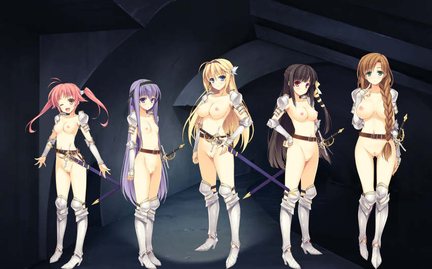 5girls armor elcia_harvence fujimori_yuu high_resolution kazama_akari koikishi_purely_kiss kuninaka_kaori multiple_girls nipples pussy shidou_mana sword uncensored weapon yuuki_hagure