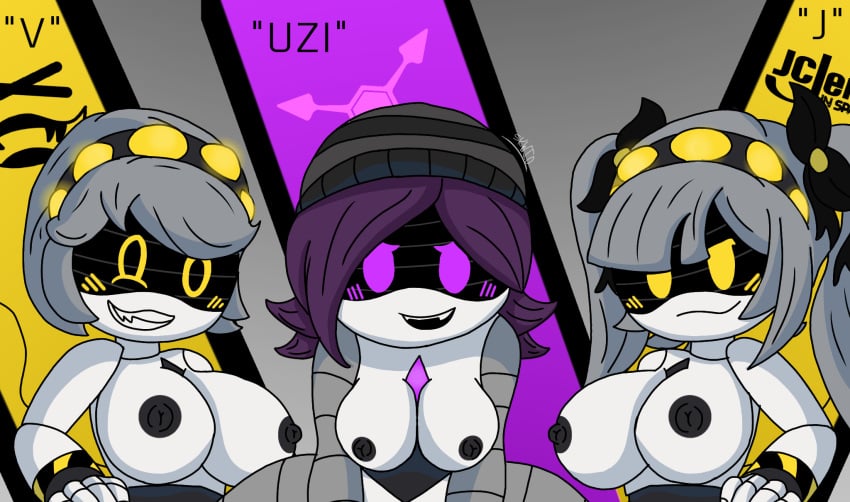 3girls big_breasts black_nipples breasts female female_only j_(murder_drones) long_hair medium_breasts murder_drones nipples purple_eyes purple_hair robot robot_girl robot_humanoid short_hair skwid squiddum twintails uzi_(murder_drones) v_(murder_drones) white_body white_hair yellow_eyes