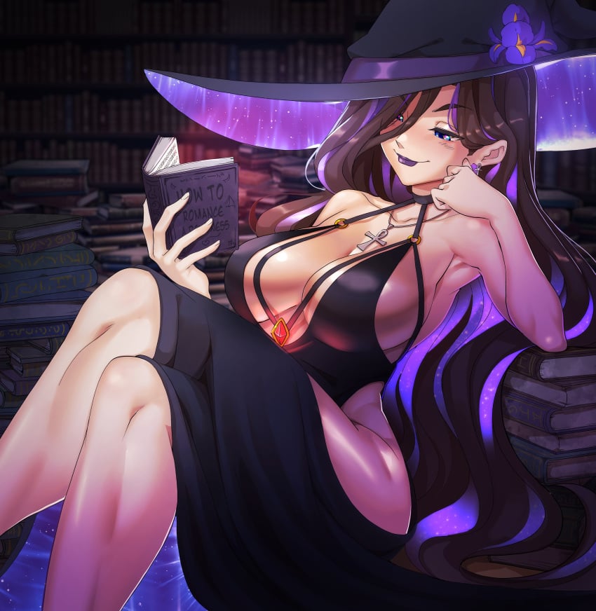 1girls blue_eyes books bookshelves breasts brown_hair clothed clothing dress female female_only hat huge_breasts indie_virtual_youtuber indoors light-skinned_female light_skin lipstick mage mage_vivika necklace nisego pile_of_books purple_lipstick reading reading_book room solo virtual_youtuber witch witch_hat