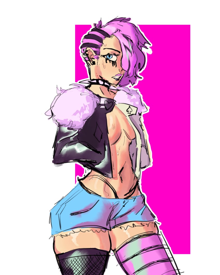 bangs blue_eyes breasts collar earrings hair_over_one_eye hand_in_pocket jacket_open lipstick melissa_demore original original_character pink_hair shaved_side shirtless short_shorts simple_background spiked_collar tear_markings thighhighs