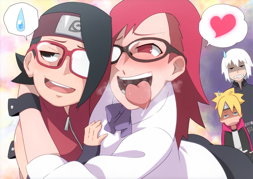 2boys 2girls age_difference ass black_eyes black_hair blonde_hair blood blush boruto:_naruto_next_generations breasts caught caught_in_the_act clenched_teeth cuckold drooling eeshin_(eishin5584) forehead_protector glasses grabbing grabbing_another's_breast hand_on_breast heart hozuki_suigetsu hug looking_away_from_partner medium_breasts multiple_boys multiple_girls narrowed_eyes naruto naruto_(series) nosebleed pervert purple_eyes red_eyes red_hair red_shirt saliva saliva_trail sarada_uchiha sharp_teeth shirt short_shorts shorts small_breasts spoken_heart spoken_sweatdrop sweatdrop teeth tongue tongue_out uchiha_sarada uzumaki_boruto uzumaki_karin white_hair yuri