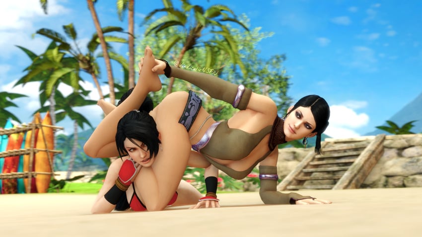 beach catfight competitive crossover dead_or_alive female female/female female_only momiji_(artist) momiji_(ninja_gaiden) ryona sexfight submission tekken thick_thighs thigh_grab triangle_choke wrestling zafina_(tekken)