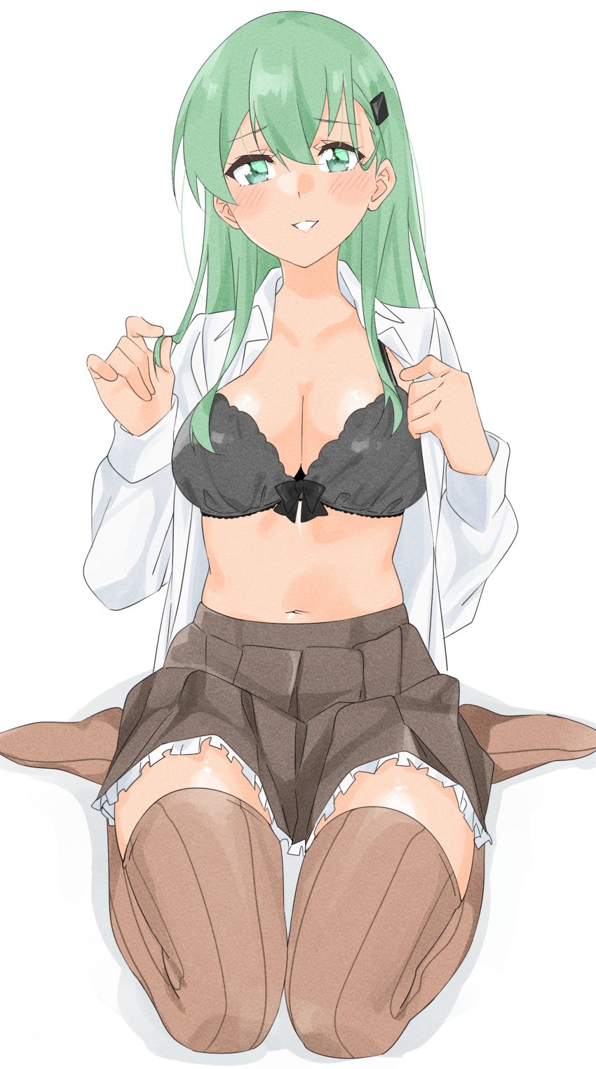 1boy 1girls aqua_hair black_bra blush bow bow_bra bra breasts brown_thighhighs cleavage hair hair_ornament kantai_collection kneeling long_hair looking_at_viewer maonatten navel open_clothes open_shirt school_uniform simple_background skirt suzuya_(kantai_collection) suzuya_kai_ni_(kantai_collection) thighhighs white_background