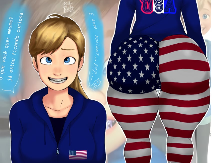 1girls aged_up american_flag big_ass big_thighs blonde_hair blue_eyes braces disney inside_out jiggle jiggling_ass large_ass leggings riley_andersen smile teenager thick_thighs united_states_of_america