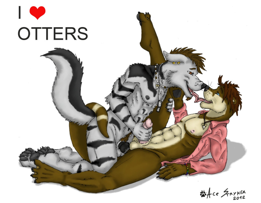 2012 ace_stryker anal anthro balls beard canine dog_tags erection fur furry gay kissing male masturbation muscles mustelid nude otter partially_clothed penis wolf