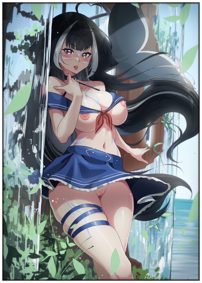 aelion_draws areolae big_breasts big_thighs black_hair body_markings breasts chest female female_focus female_only hip_squish hips light-skinned_female light_skin long_hair looking_at_viewer no_bra no_panties orca_girl orca_tail pussy shylily skirt solo solo_female solo_focus tagme thick_thighs virtual_youtuber vtuber womp_womp