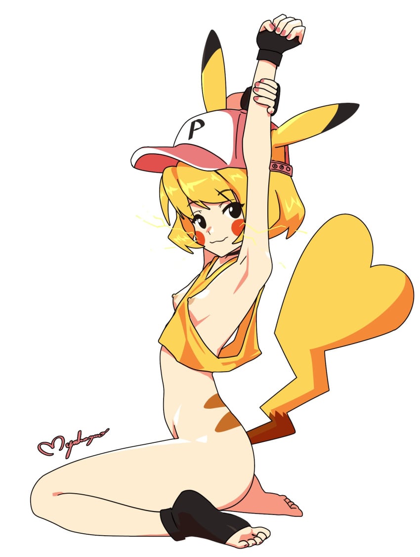 baseball_cap cosplay creatures_(company) female_focus game_freak gjinka maho_malice nintendo nipples pikachu_(cosplay) pokemon simple_background small_breasts tail white_hair