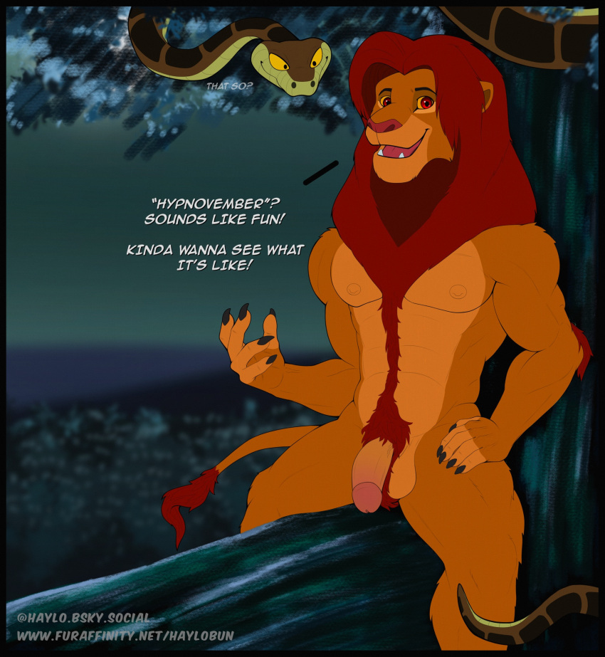 2024 2boys anthro anthrofied ball_tuft balls body_hair crossover dialogue disney duo english_text felid feral forest genitals happy_trail haylothebun hi_res humanoid_genitalia humanoid_penis hypnovember imminent_hypnosis kaa_(jungle_book) lion male male_only mammal muscular muscular_male nipples nude open_mouth open_smile pantherine pecs penis plant pubes reptile scalie simba_(the_lion_king) sitting smile snake text the_jungle_book the_lion_king tree tuft