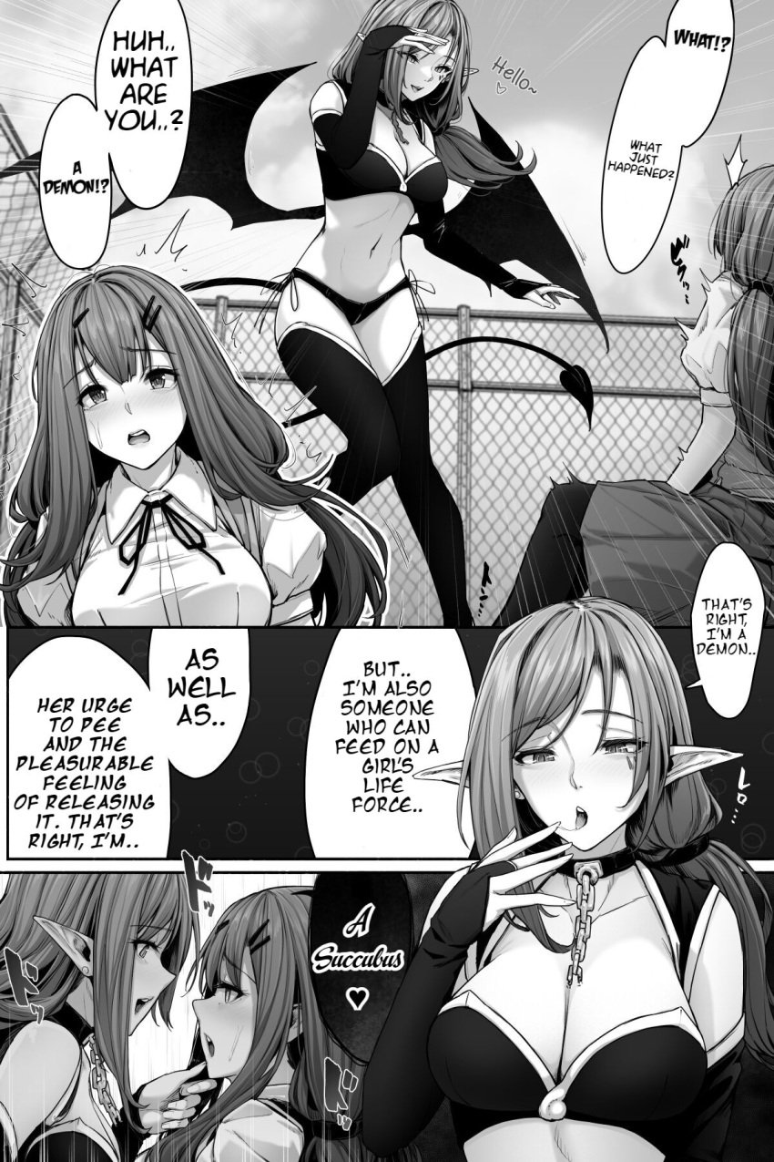 2girls blush breasts choker cleavage demon demon_girl desperation doujinshi have_to_pee kokomachi long_hair need_to_pee open_mouth original original_characters pointy_ears school_uniform skirt succubus twintails yuri