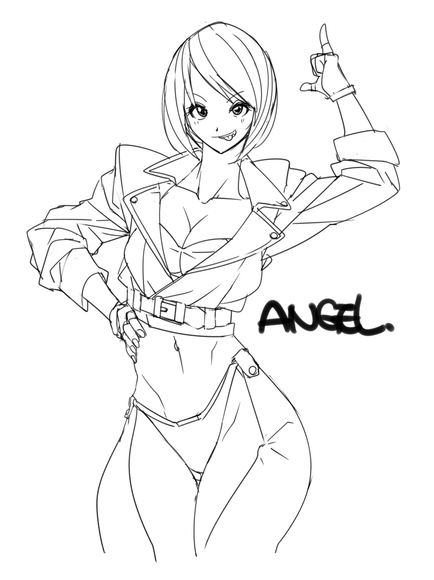 1girls angel_(kof) big_breasts big_breasts boob_window boots breasts clothed female hand_on_hip hand_up jacket king_of_fighters leather leather_clothing legs light-skinned_female light_skin looking_at_viewer open_clothes short_hair smiling_at_viewer standing thick thick_thighs thighs thong tongue voluptuous voluptuous_female white_hair