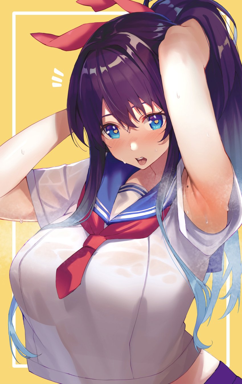 1girls :o absurd_res adjusting_hair aqua_hair armpits arms_behind_head arms_up big_breasts blouse blue_eyes blue_sailor_collar blush breasts crop_top crop_top_overhang gradient_hair hair_between_eyes hair_intakes heart heart-shaped_pupils hi_res looking_at_viewer multicolored_hair neckerchief open_mouth original purple_hair purple_skirt red_neckerchief sailor_collar school_uniform see-through_clothes serafuku shirt short_sleeves sidelocks simple_background skirt solo steam surprised sweat symbol-shaped_pupils teeth tongue udon_(udonalium) upper_body upper_teeth_only white_shirt yellow_background