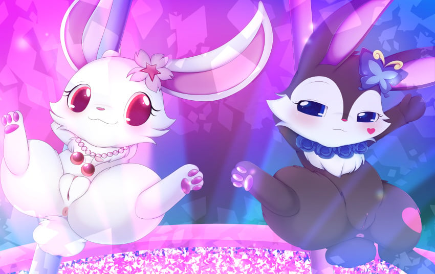 absurd_res anthro anus bedroom_eyes black_body black_fur butterfly_(accessory) cherry_blossom cherry_charm chibi dancing domestic_rabbit duo dutch_rabbit female flower fur genitals hare heart_(marking) hi_res japanese_hare jewelpet jewelpet_(series) jewelpet_(species) jewelry lagomorph leporid luea_(jewelpet) mammal markings multicolored_body multicolored_fur narrowed_eyes neck_tuft necklace oryctolagus pawpads pink_inner_ear pink_jewelry pink_necklace plant plushcrochet pole pole_dancing prunus_(flower) purple_inner_ear pussy rabbit red_eyes rose_(flower) ruby_(jewelpet) sanrio seductive sega sega_fave sega_toys semi-anthro spread_legs spreading tuft white_body white_fur