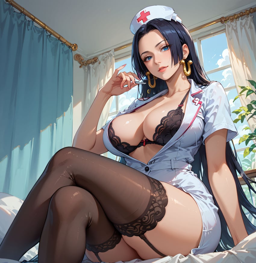 1girls ai_fishball ai_generated ai_hands bangs bed black_bra black_clothes black_hair black_legwear black_thighhighs black_underwear blue_eyes boa_hancock bra breasts brown_thighhighs cleavage clothing crossed_legs curtains curvaceous curvaceous_female curvaceous_figure curvy curvy_figure dress earrings female female_focus female_only garter_belt garter_straps hat headwear holding indoors inviting inviting_to_sex jewelry lace lace_trim large_breasts legwear lingerie lips long_hair looking_at_viewer nurse nurse_cap one_piece open_clothes open_dress open_shirt parted_bangs parted_lips presenting presenting_breasts seductive seductive_look seductive_smile shirt short_dress short_sleeves sitting smile solo stockings syringe thermometer thighhighs thighs underwear very_long_hair voluptuous voluptuous_female white_dress window