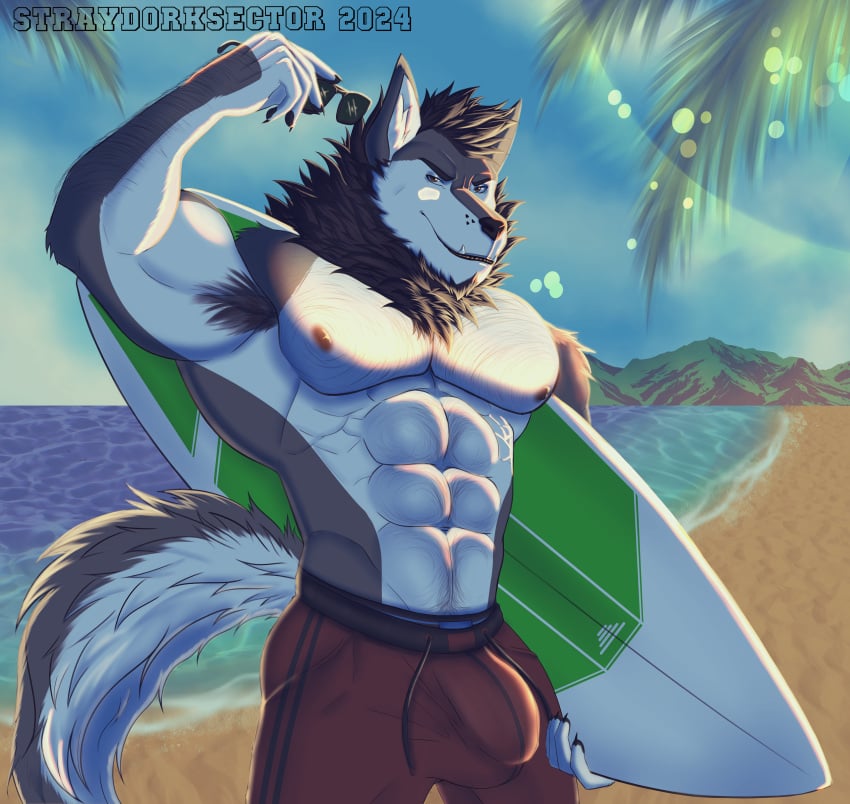 1boy absurd_res anthro armpit_fetish armpit_hair beach belly_hair body body_hair bulge canid canine chest_hair detailed_bulge hi_res humanoid island kayde_(kaydewolf) male male_only mammal muscular mythological_canine mythological_creature mythology nipples pecs solo strayd0rk surfboard surfer surfing were werecanid werecanine werewolf