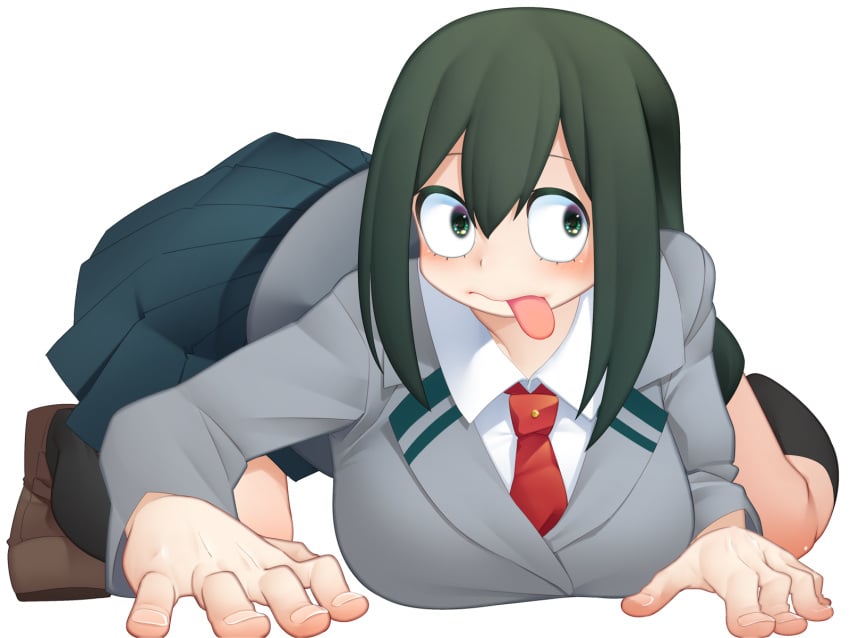 1girls artist_request big_breasts breasts female froppy green_hair huge_breasts my_hero_academia school_uniform solo tsuyu_asui