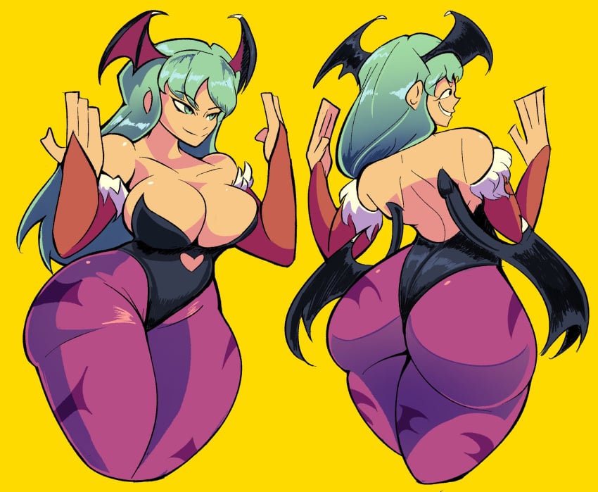 1girls ass bananawithas bat_wings breasts darkstalkers fat_ass green_eyes green_hair huge_ass large_breasts long_hair morrigan_aensland succubus wings yellow_background