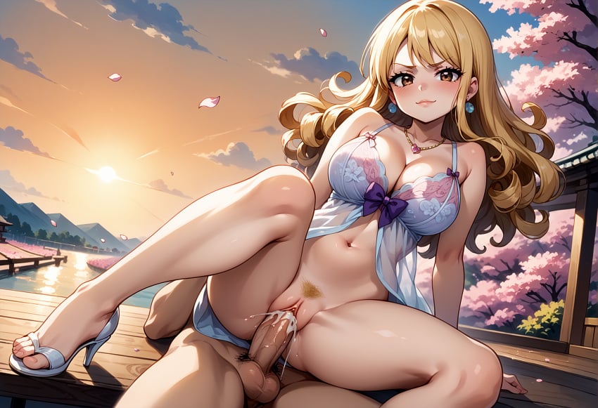 ai_generated bare_legs cowgirl_position cum_in_pussy cum_inside fairy_tail gray_fullbuster high_heels large_breasts lucy_heartfilia nightgown payop pony_diffusion_xl toes vaginal_penetration vaginal_sex