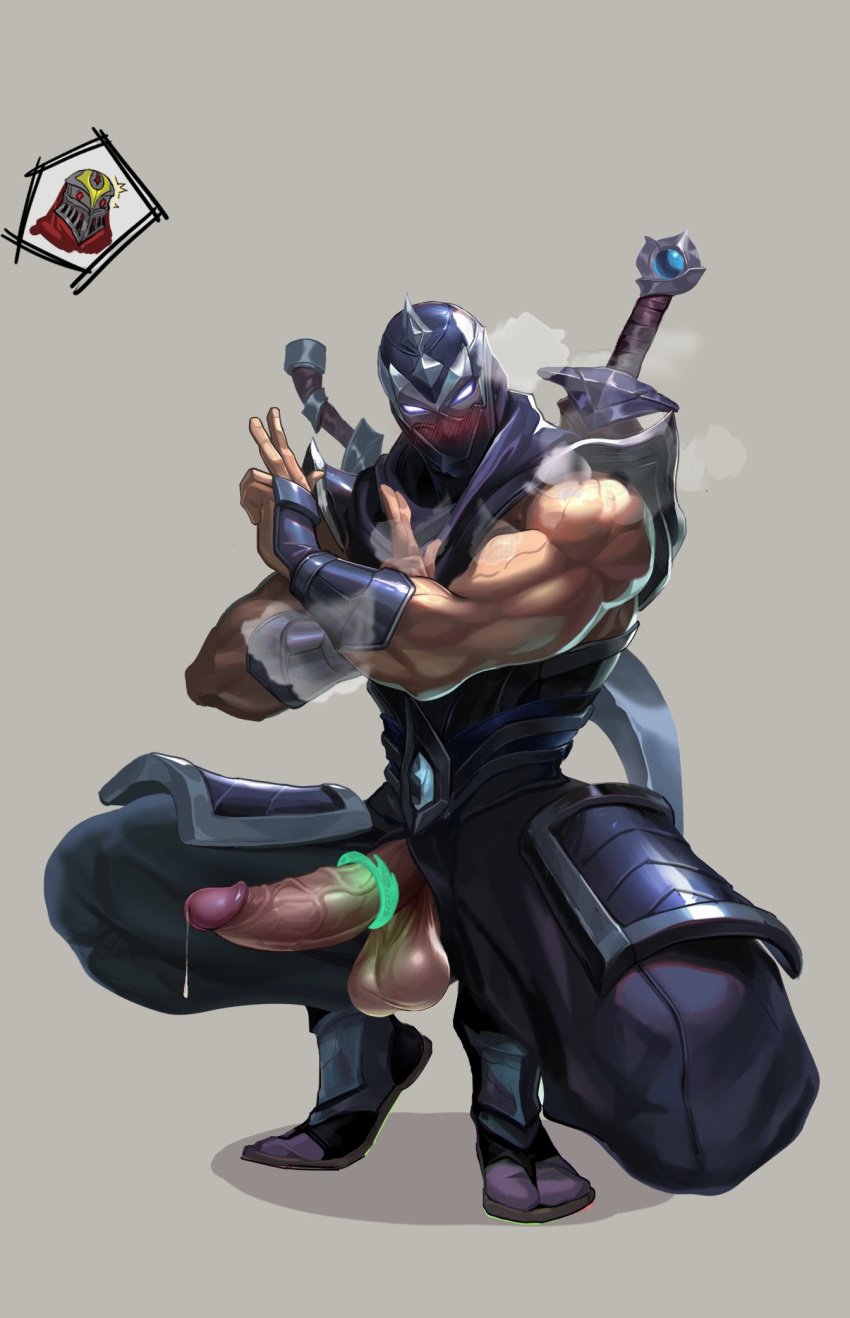 balls bara biceps big_balls big_penis blush bulge clothing cum erection genital_fluids league_of_legends male male_only manly muscular_male penis riot_games shangxi57994328 shen shen_(league_of_legends) tight_clothing